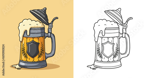 Illustration of a Beer Mug with Foam and Decorative Shield