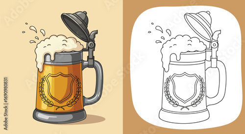 Illustration of a Beer Mug with Foam and Decorative Shield