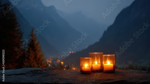 Serene evening scene with candles and mountain background