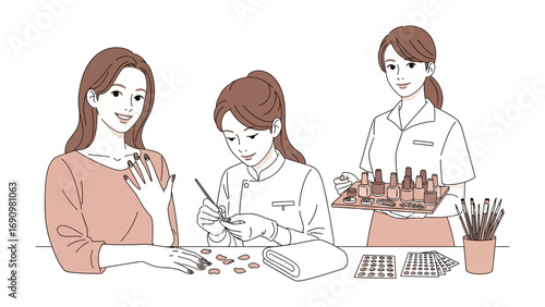 Three women in a beauty salon setting one client showing off her painted nails another receiving a manicure and a nail technician with supplies