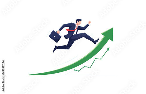 Businessman running upward arrow graph achieving business success and growth objectives