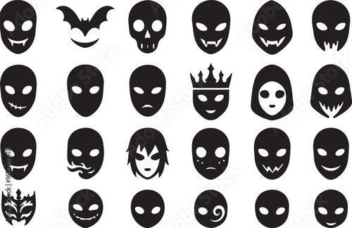 Collection of spooky hand drawn dark masks and silhouettes symbolizing halloween horror mystery and the unknown