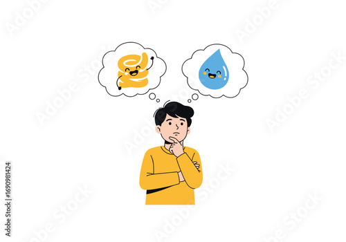 Person thinking about choosing between comforting food and hydrating drink for well being