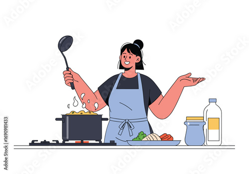 Young woman happily cooking delicious food in her kitchen with utensils and ingredients