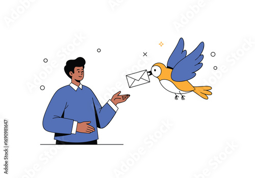 A person receives a message delivered by a friendly bird illustration