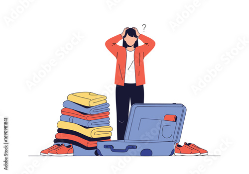 Woman stressed packing too many clothes for a vacation trip over her head
