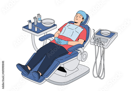 Patient relaxing in dental chair during routine checkup and cleaning procedure
