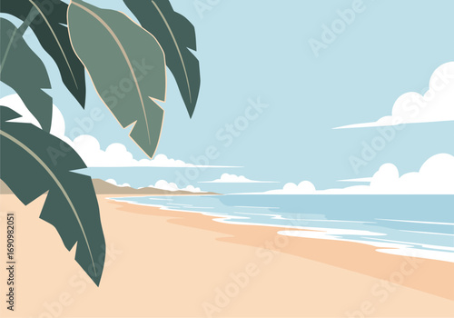 Idyllic tropical beach scene with palm leaves gently swaying in the warm ocean breeze