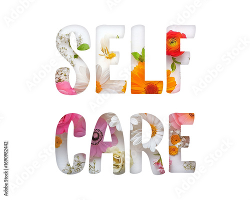 Self care text effect with beautiful flowers and natural elements