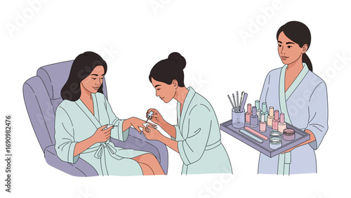 Woman receiving a professional manicure and pedicure treatment from a skilled beautician in a spa setting with beauty tools