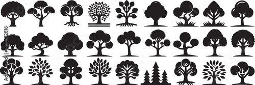 tree, silhouette, nature, plant, organic, shape, icon, symbol, graphic, design, element, deciduous, evergreen, leafy, roots, grass, forest, grove, growth, life, abstract, stylized, simple, black, whit