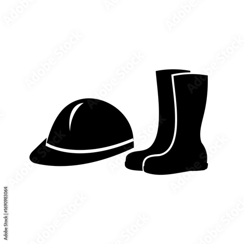 Black and white illustration of protective workwear, a safety helmet and boots