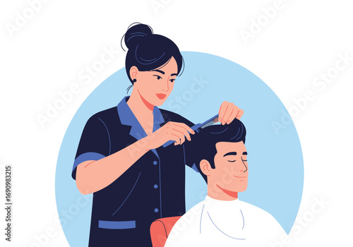 Professional hairdresser cutting a man's hair with comb and scissors skillfully