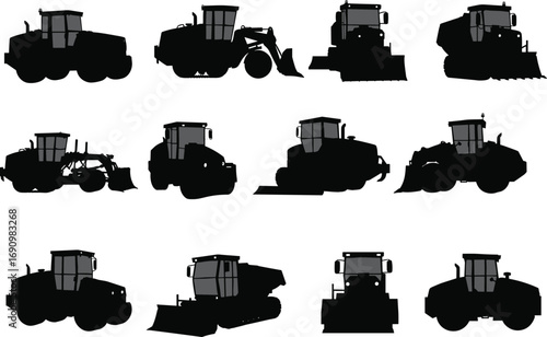 Bulldozers, loaders, graders, rollers, tractors, dump trucks, heavy machinery, earthmoving equipment, industrial vehicles, construction site tools, black silhouette