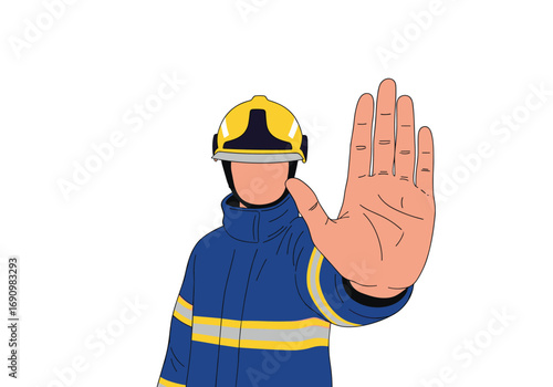 Firefighter with protective gear signals stop against fire danger prevention safety
