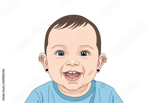 Close-up portrait of a smiling baby boy with dark hair wearing a blue t-shirt