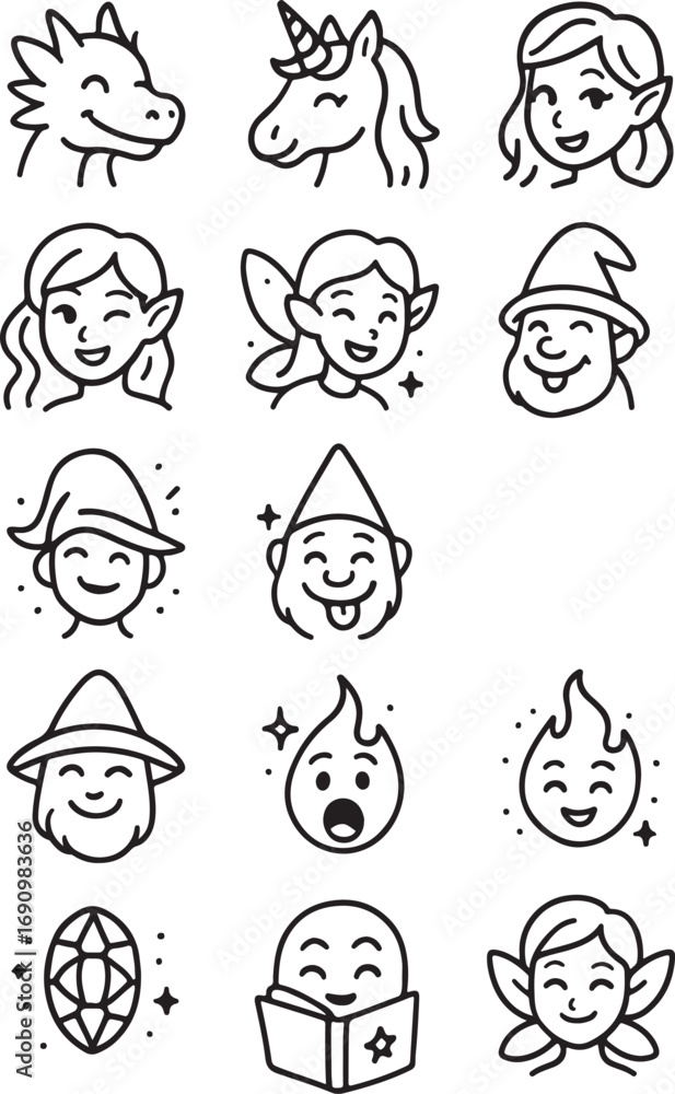 Fototapeta premium Whimsical hand drawn doodle icons featuring fantasy creatures and characters for creative projects