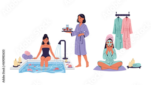 Three women enjoying a relaxing spa day with a bath facial treatments and luxurious robes hanging in a serene clean environment