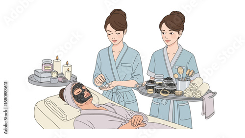 Two women in spa robes applying a facial mask to a person lying down with their eyes closed in a serene spa treatment room