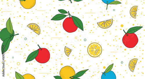 A vibrant citrus fruit pattern featuring oranges lemons and limes on a textured background