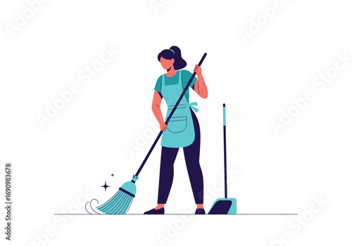Woman cleaning the floor with a broom and dustpan at home with motion dust effect