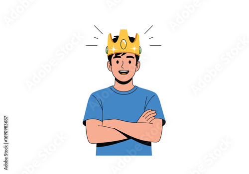 A young man wearing a golden crown smiled proudly with his arms crossed