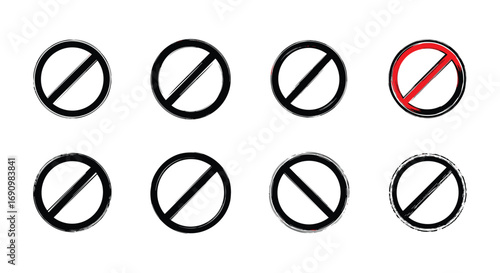 Collection of eight circular prohibition symbols with diagonal lines representing restriction and denial