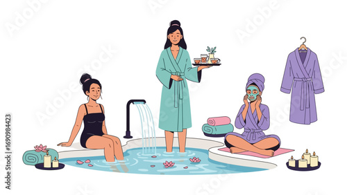 Three diverse women enjoying a relaxing spa day with a hot tub face masks and luxurious bathrobes promoting self care and wellness
