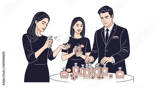 Elegant illustration of three stylish individuals two women and one man sampling and testing various perfume bottles displayed on a table