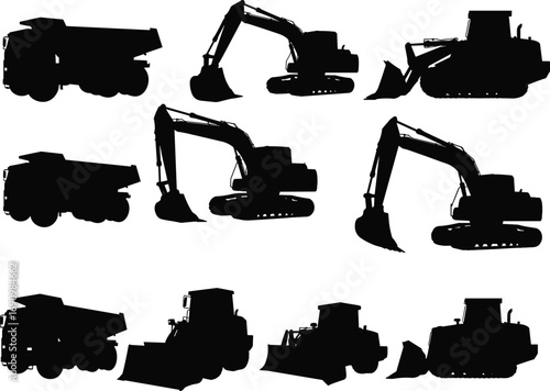 Dump truck, excavator, bulldozer, crawler loader, construction vehicle, heavy equipment, digger, earthmover, industrial machinery, site work machine, construction tools, silhouette vector set