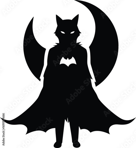 Black cat dressed as a superhero stands proudly under a glowing full moon isolated on white background isolated on transparent background
