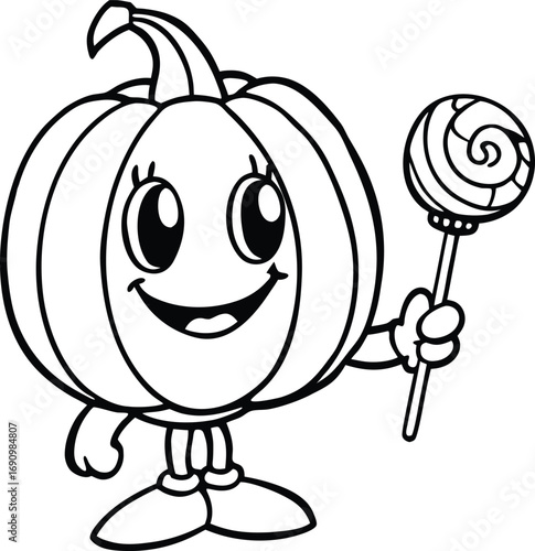 Adorable cartoon pumpkin character with a sweet lollipop smiling happily isolated on white background isolated on transparent background