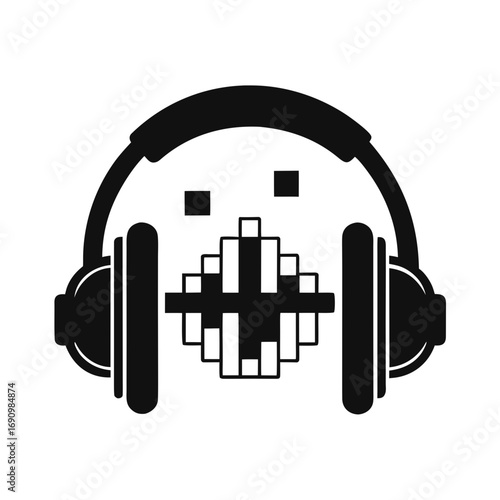 Pixelated dog face silhouette wearing headphones silhouette