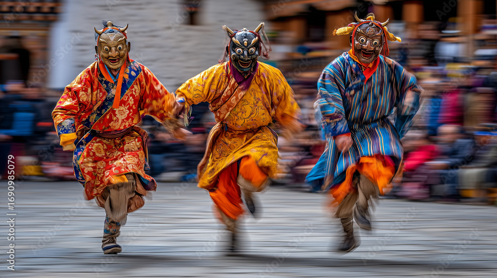 Naklejka premium Energetic Masked Dancers Running in Thimphu Tshechu Festival Bhutan – Cultural Heritage, Rituals, and Spiritual Performance
