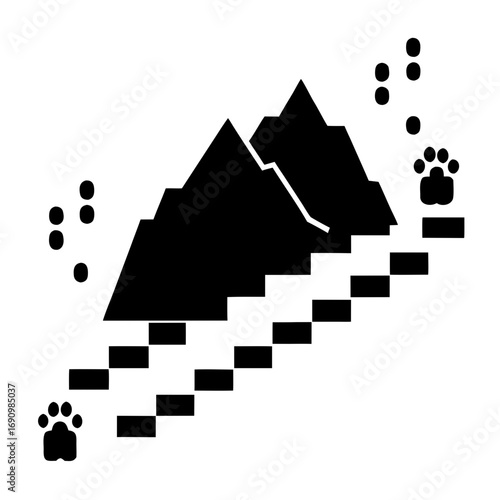 Mountain peaks with paw prints and staircase silhouette