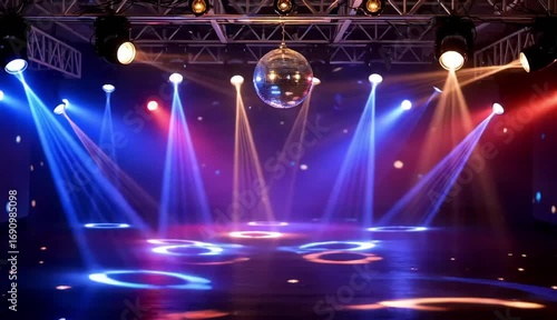 Dynamic pulsating neon lights and spotlights with disco balls
