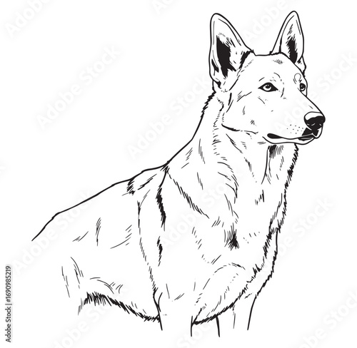 Elegant line art portrait of a german shepherd dog in profile with detailed fur