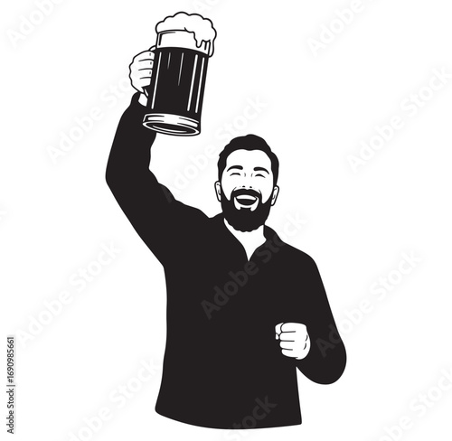Happy bearded man raises a beer mug high in celebration of fun and enjoyment