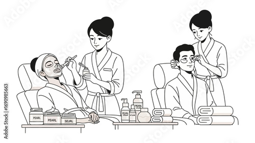 Two women in spa robes receive facial treatments from beauticians in a serene spa setting with various beauty products displayed