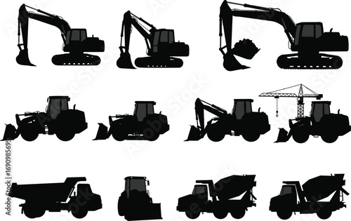 Excavator, bulldozer, loader, tower crane, cement mixer truck, dump truck, heavy machinery, road roller, construction vehicles, building equipment, industrial machines, silhouette vector set