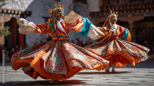 Colorful Mask Dancers at Thimphu Tshechu Festival Bhutan – Traditional Costumes, Buddhist Rituals, Cultural Heritage and Sacred Dance Performance Celebration