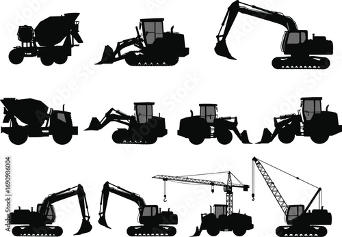 Excavator, bulldozer, loader, cement mixer truck, tower crane, crawler crane, heavy machinery, earthmoving equipment, construction vehicles, industrial tools, building machines, silhouette vector set
