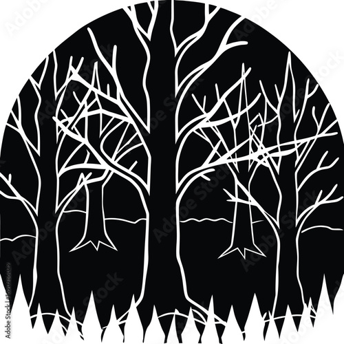 Mysterious haunted forest scene with eerie glowing eyes peering from behind dark silhouetted trees creating a spooky atmosphere isolated on white background isolated on transparent background