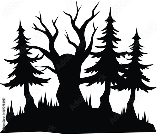 Mysterious haunted forest scene with eerie glowing eyes peeking from behind dark trees isolated on white background isolated on transparent background