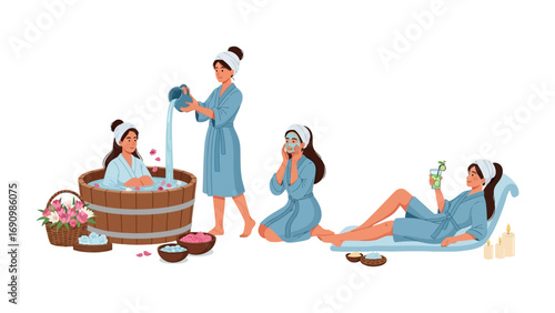 Relaxing spa day with women enjoying pampering treatments including baths facials and massages in a serene setting