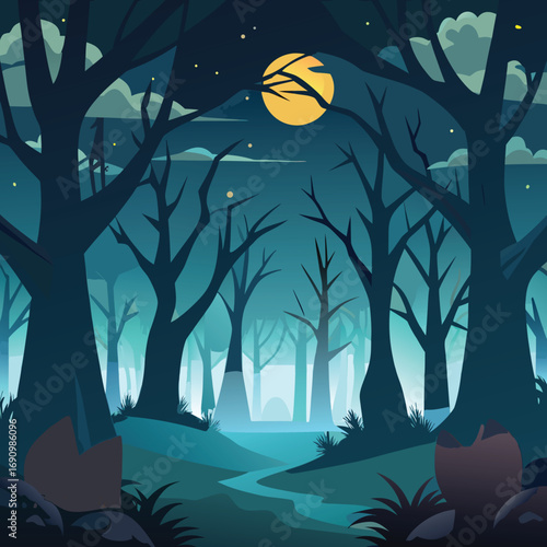 Mysterious haunted forest scene with eerie glowing eyes peeking from behind dark trees isolated on white background isolated on transparent background