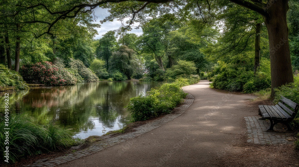 Fototapeta premium Serene park path, reflecting pond, lush greenery