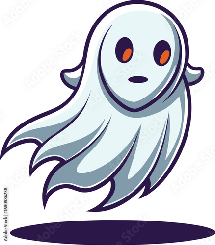 Whimsical line art ghost character with a subtle shadow floating serenely isolated on white background isolated on transparent background