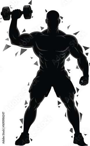 Muscular bodybuilder lifting dumbbell motivational fitness silhouette art