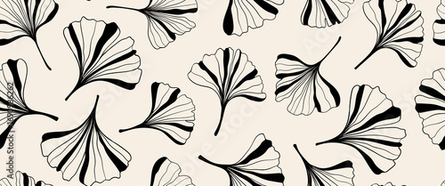 seamless pattern of hand draw floral outline black and white line art ginkgo biloba leaves. Linear ginko leaf. for wall decoration, postcard or brochure cover design